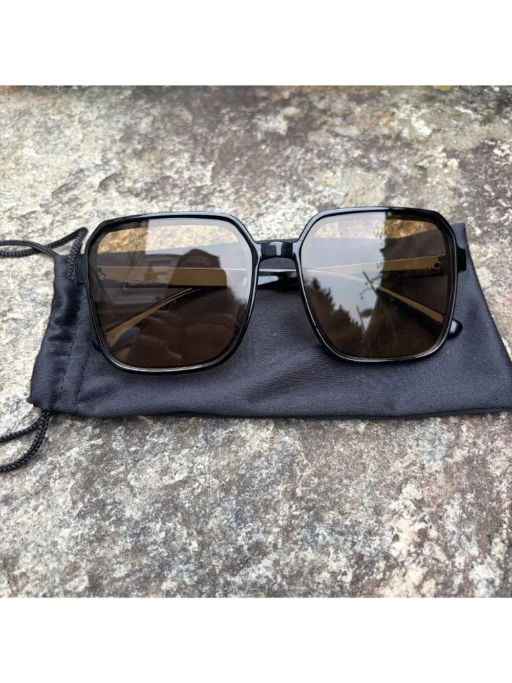 70s Style Oversized Square Black Sunglasses Warm Brown Tinted Lens Festival Boho